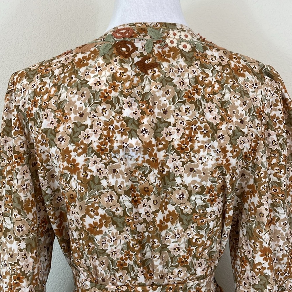 NWT Mi Golondrina brown floral wrap maxi dress with ruffle sleeves size large - Picture 8 of 13
